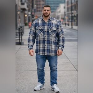 NWT Men Quilted Blue Plaid Button-Up Shirt SZ XL